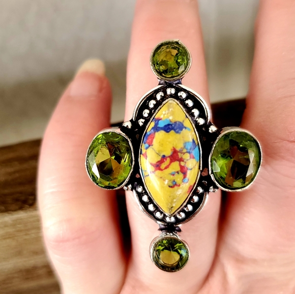 New Unique Mosaic Jasper and Peridot 925 Silver Ring. - Picture 5 of 8